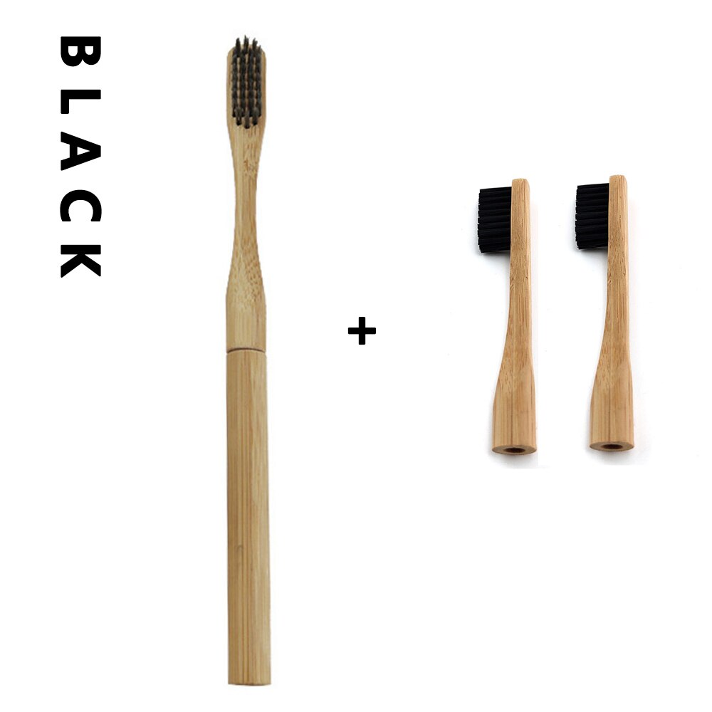 Bamboo Toothbrush with Plug-in Replacement Brush Heads Change Head ToothBush Teeth Care Cleaning Brushes for Travel Living Bath: 1pc Black 2 Head