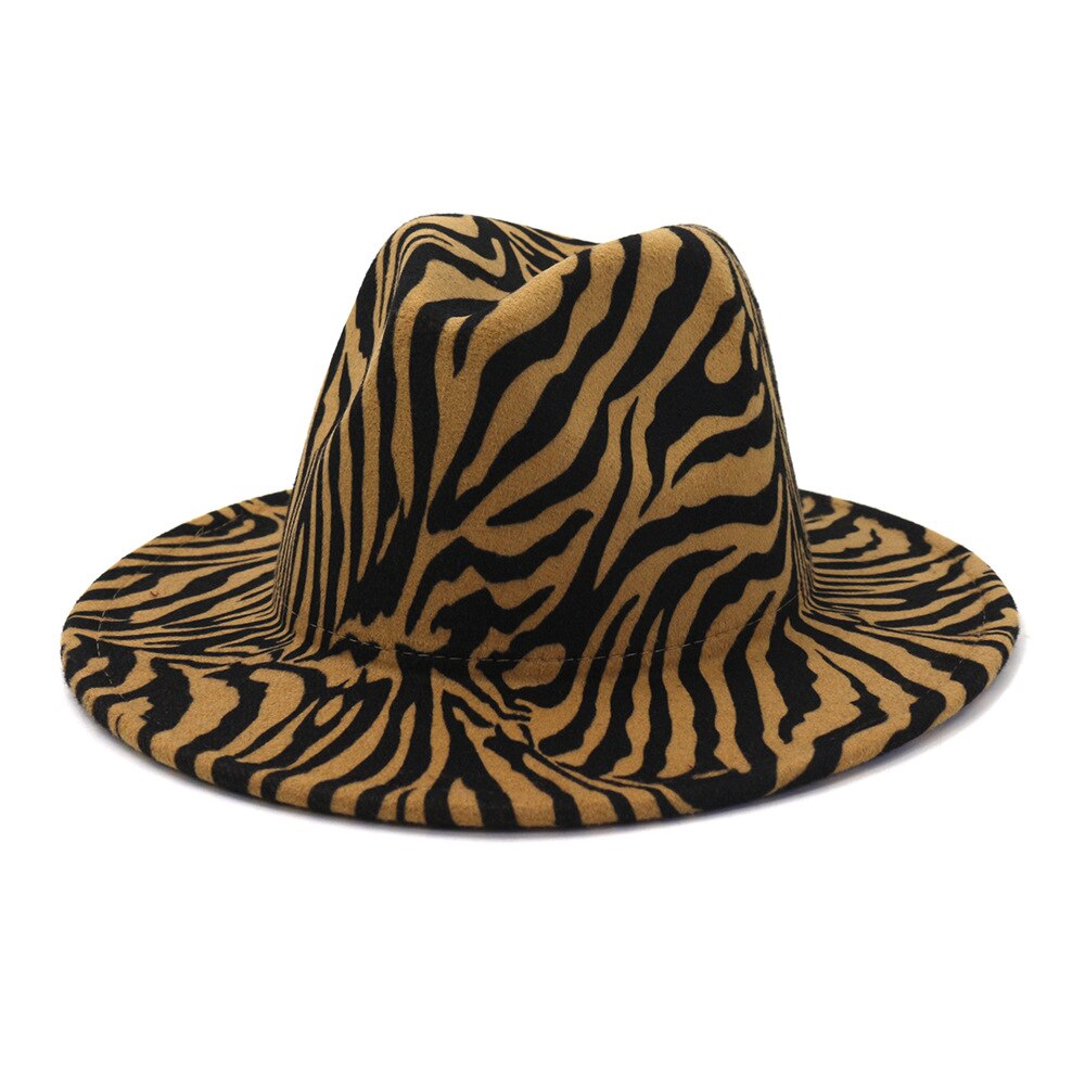 QBHAT Zebra Pattern Artificial Wool Felt Fedora Hats Women Men Large Brim Jazz Party Cap Panama Style Cowboy Hat: camel