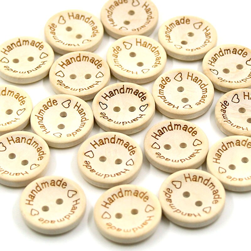 Botones de madera hechos a mano con amor, 2 agujeros, botón redondo, botones de bebé de Color Natural para Scrapbooking, manualidades, coser, 50 piezas