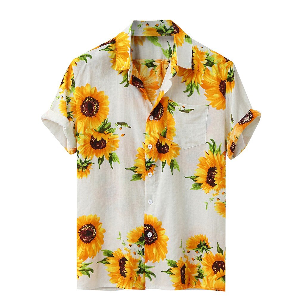 Herre skjorter farverige sommer korte ærmer løse knapper hawaiian solsikke print afslappet skjorte blusas mænd skjorter