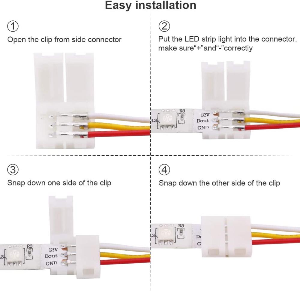 5050 3 Pin RGB LED Strip Connector Kit - 3Pin LED Connector Includes 10x LED Strip Jumper, 10x3Pin L Shape Connector, 20x LED St