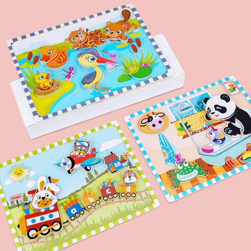 3D cartoon illustration Wooden stereo Velcro stickers jigsaw puzzle 3D sensory toys for girls and boy