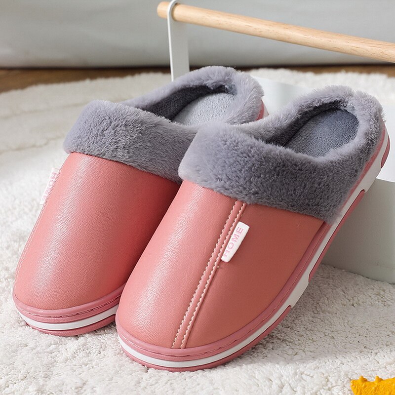 Men's Slippers Home Winter Plush Waterproof Leather Warm Shoes Thick Bottom House Slipper Man Indoor Cotton Slippers Women Shoes: A-1 / 38-39