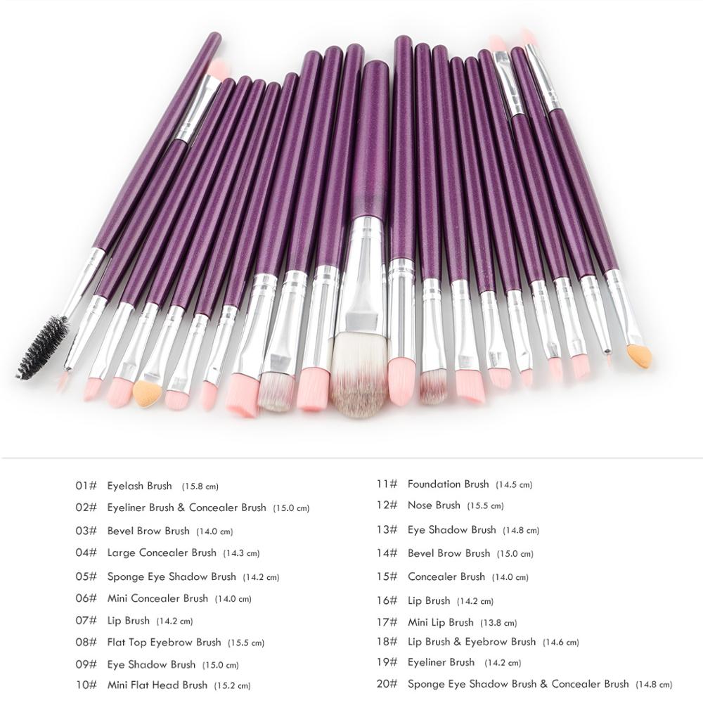 Conjunto de pincéis de maquiagem, kit de pincéis de maquiagem para base, pincéis de sombra, sobrancelha, suporte profissional de escova, 20 peças