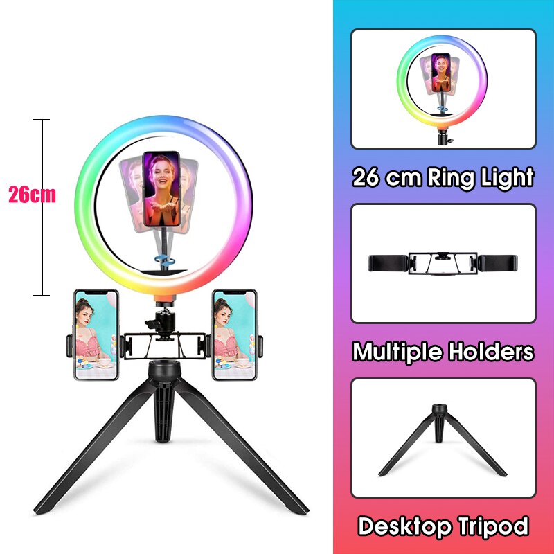 10 Inch RGB LED Ring Light - Dimmable Camera Lamp with Tripod Stand for Photo Video Studio: Brown