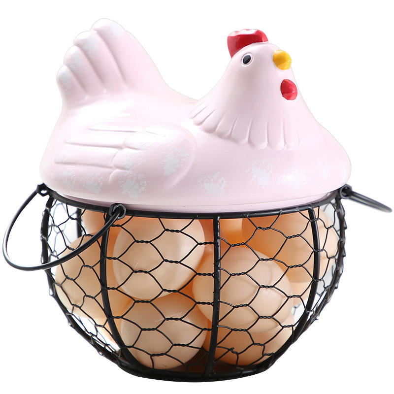 Cesta de cerámica con soporte para huevos, cesta de cerámica para colección de huevos, pollo, alambre y fruta, decoración de cocina, almacenamiento, 19cm x 22cm