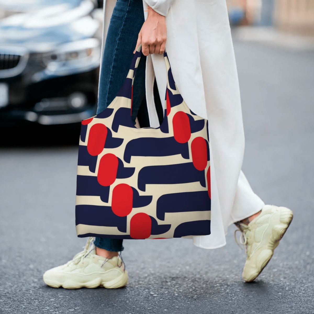 Impressão personalizada cão vermelho mostrar sacolas de compras reutilizáveis orla kiely mantimentos lona shopper bolsa ombro fotografia bolsas