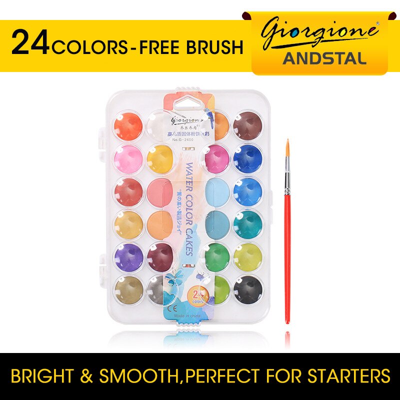 Andstal 48/36/24/12 Kleuren Solid Pigment Aquarel Verf Set Met Water Kleur Draagbare Borstel Voor Schilderen Art levert: 24 Colors with brush