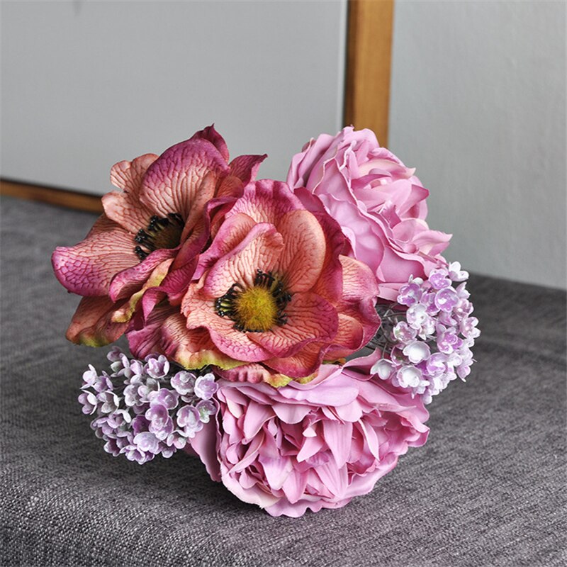 Nordisk pion bukett anemon bröllop brudbukett siden konstgjorda blommor diy scrapbook blommor konstgjorda rumsinredning