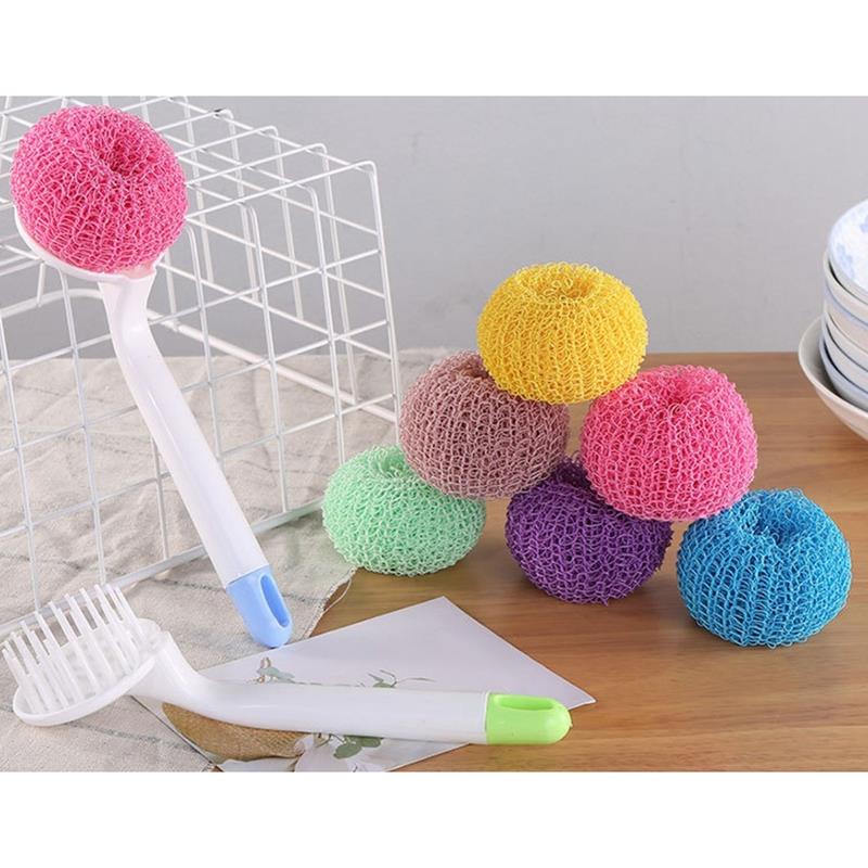 Pot Cleaning Brush Ball Non-scratch Dish Scrubber Scrubbing Pad Scouring Pad Handle Kitchen Cleaning tools