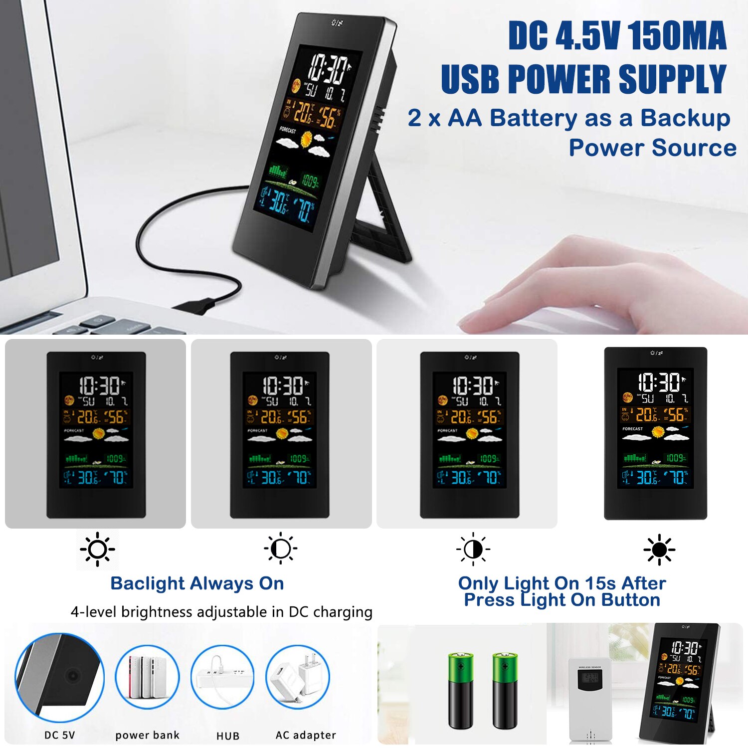 Wireless Weather Station Indoor Outdoor Sensor Weather Forecast Digital Thermometer Hygrometer Temperature Monitor Alarm Clock