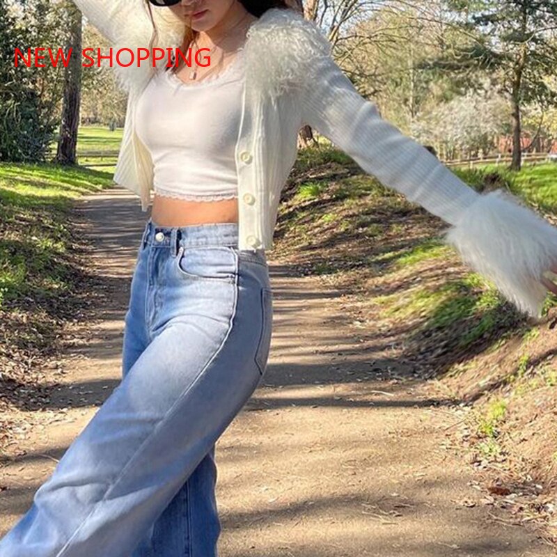 Winter 2022 Fur Collar and Cuffs Cropped Cardigan Sweaters Women Fairy Single Breasted Y2K Fairycore Jacket