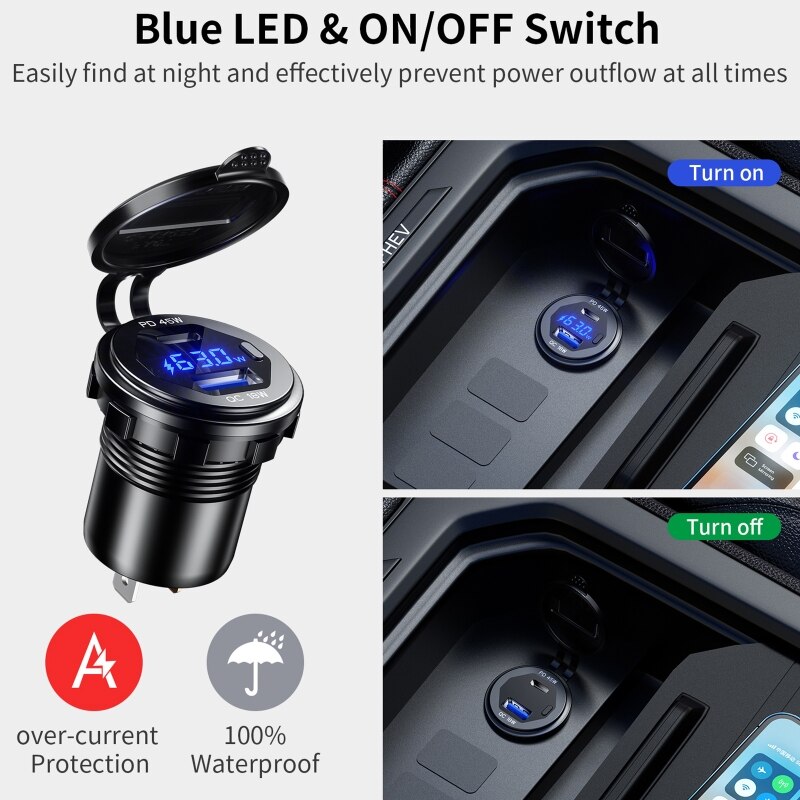 Metallenes 45w- usb-c-pd - + 18w qc3.0- usb-schnellladegerät mit spannungs-/leistungsanzeige für suv, motorrad, lkw, boot, atv