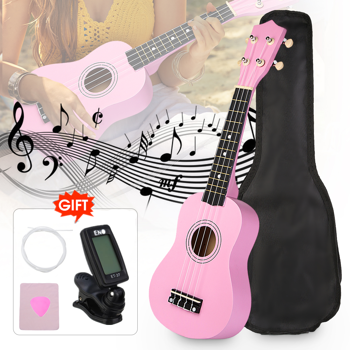 21 "rosa Basswood Soprano Ukulele Havaí Uke Guitarra Baixo Guitarra Instrumentos Musicais Set Kits + Tuner + Cordas + cinta + Caso