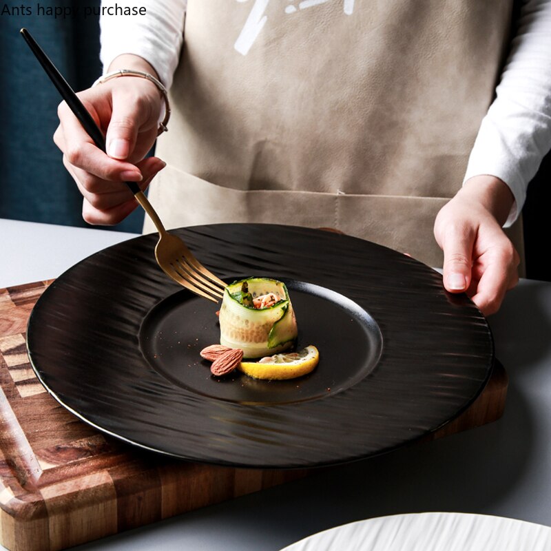 Simple Black White Ceramic Plate Restaurant Hotel Tableware Set Steak Pasta Dessert Plate Large Cooking Plate Kitchen Utensils