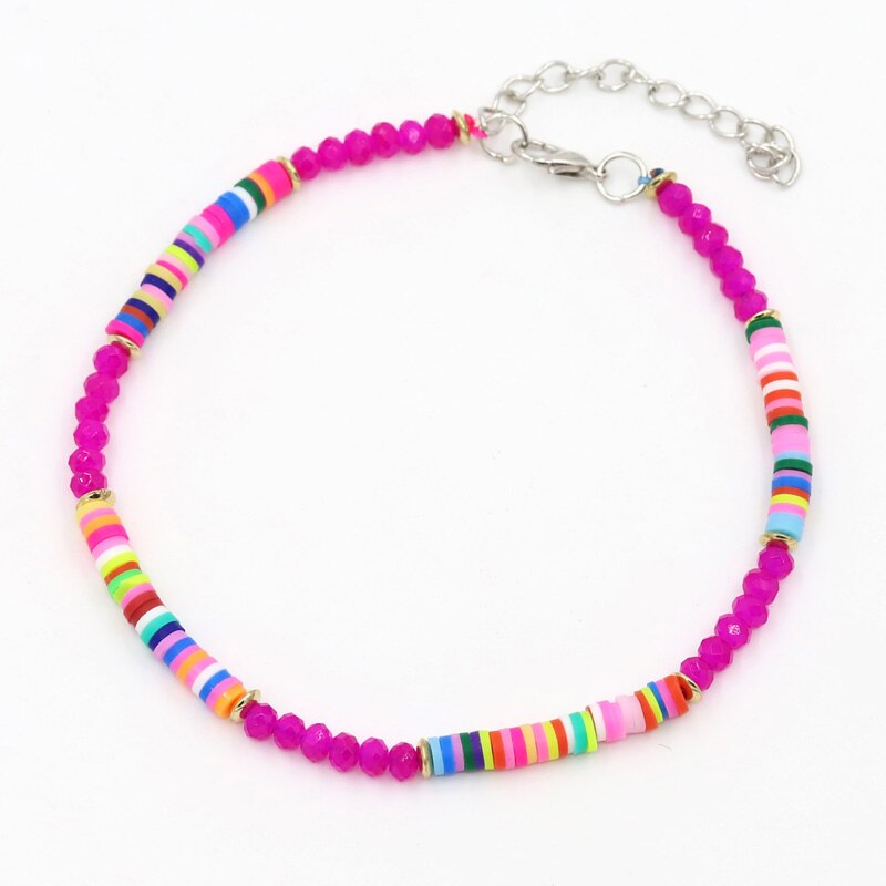 Bracelets de cheville pour femmes, bijoux bohèmes, réglables, colorés, en argile polymère, perles de cristal, chaîne de cheville pour la plage, pieds nus: D1803b