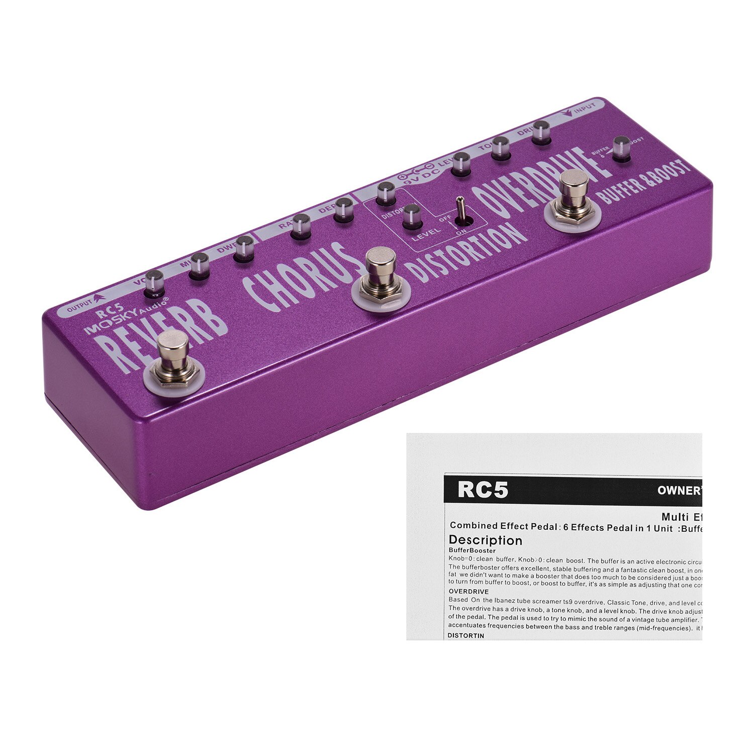 MOSKY RC5 6-in-1 Guitar Multi-Effects Pedal Reverb + Chorus + Distortion + Overdrive + Booster + Buffer with True Bypass Effect
