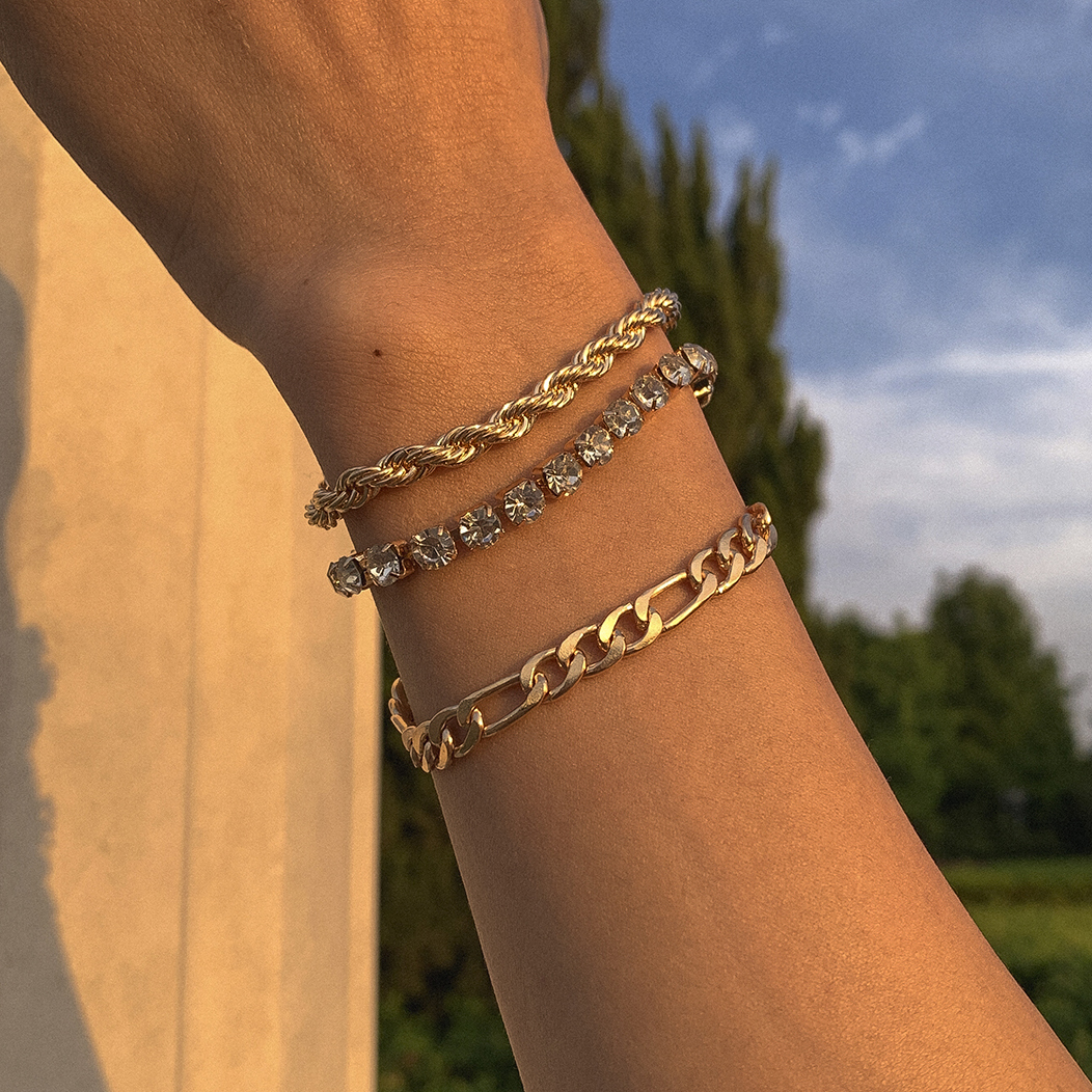 4 Stks/set Luxe Shiny Rhinestone Armbanden Set Bangle Vrouwen Mannen Verstelbare Clear Crystal Chunky Link Charm Armband Hand Sieraden: Antique Silver Plated