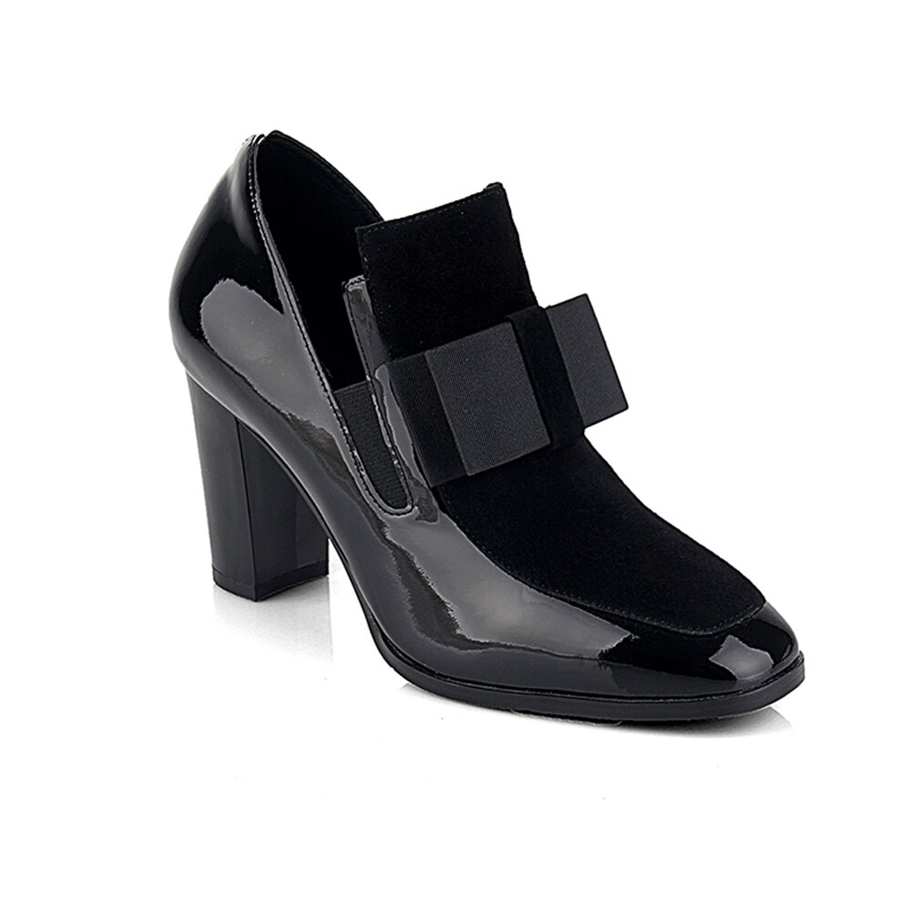 Escarpins femme noeud papillon bout carré cuir verni noir talons épais talon escarpins bottines chaussons chaussures en cuir verni