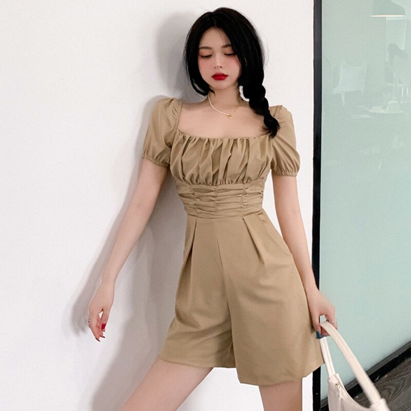 Mono plisado de verano para mujer, manga abombada corta, pantalones cortos de pierna ancha de cintura alta, monos con cuello cuadrado, mono sólido W799
