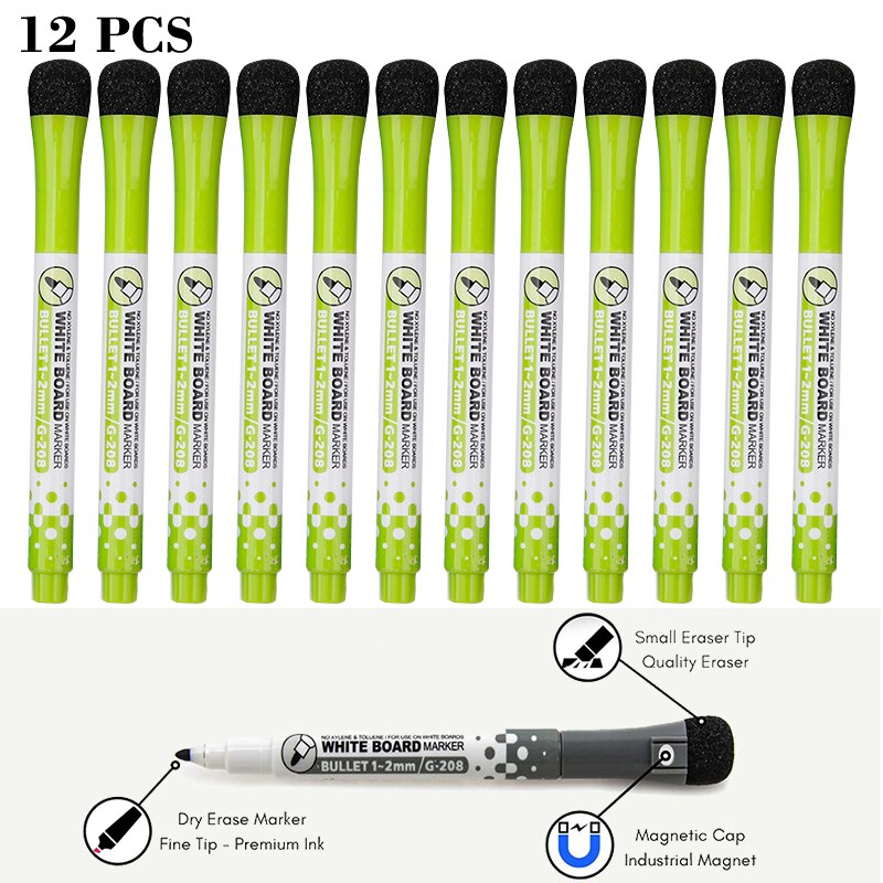 12 Pcs/lot Magnetic Dry Erase Whiteboard Markers Water 8 Colour Pen Black and White Office Supplies for Glass Ceramic Tile: 12Pcs-Green