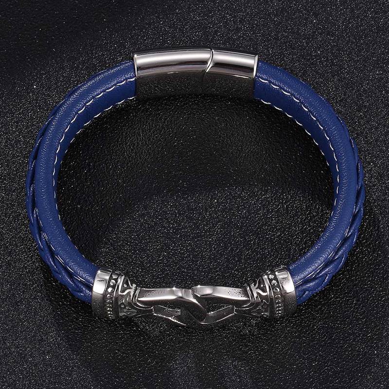 Pulseras de cuero azul hechas a mano para hombre, joyería de tótem Vintage, brazalete de hebilla magnética de acero inoxidable, pulsera Punk para hombre, SP0813
