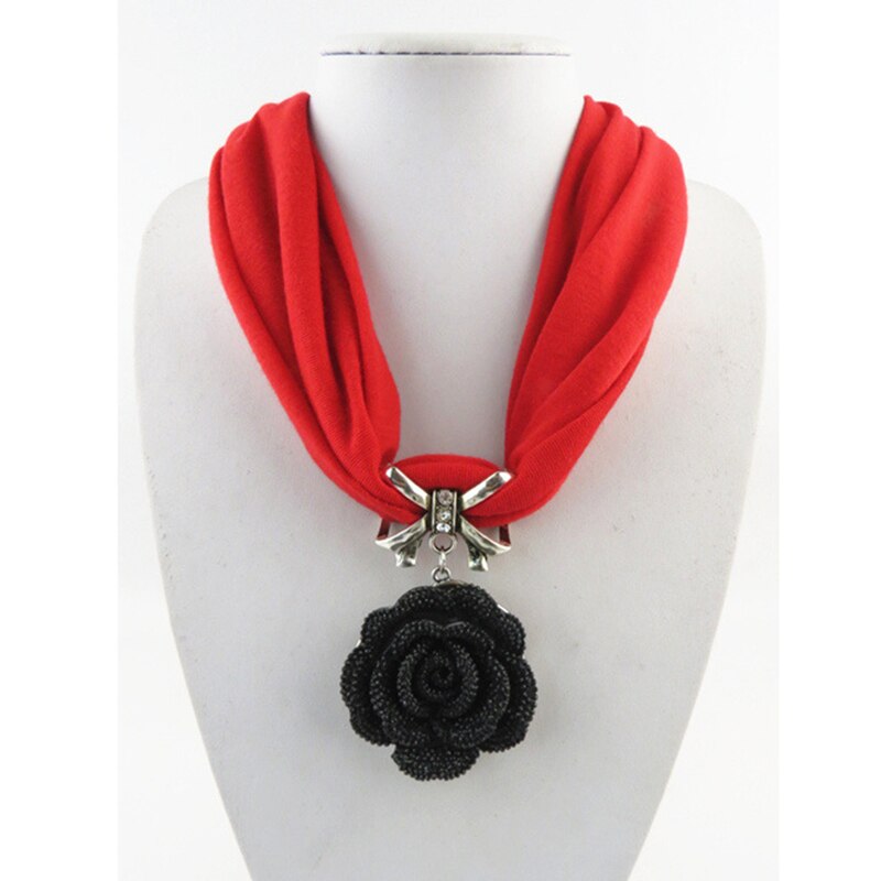 Classic Black Rose Flower Pendant Tassel Scarf Necklace Soft Cotton Neck Wrap Party Short Polyester Scarf Women