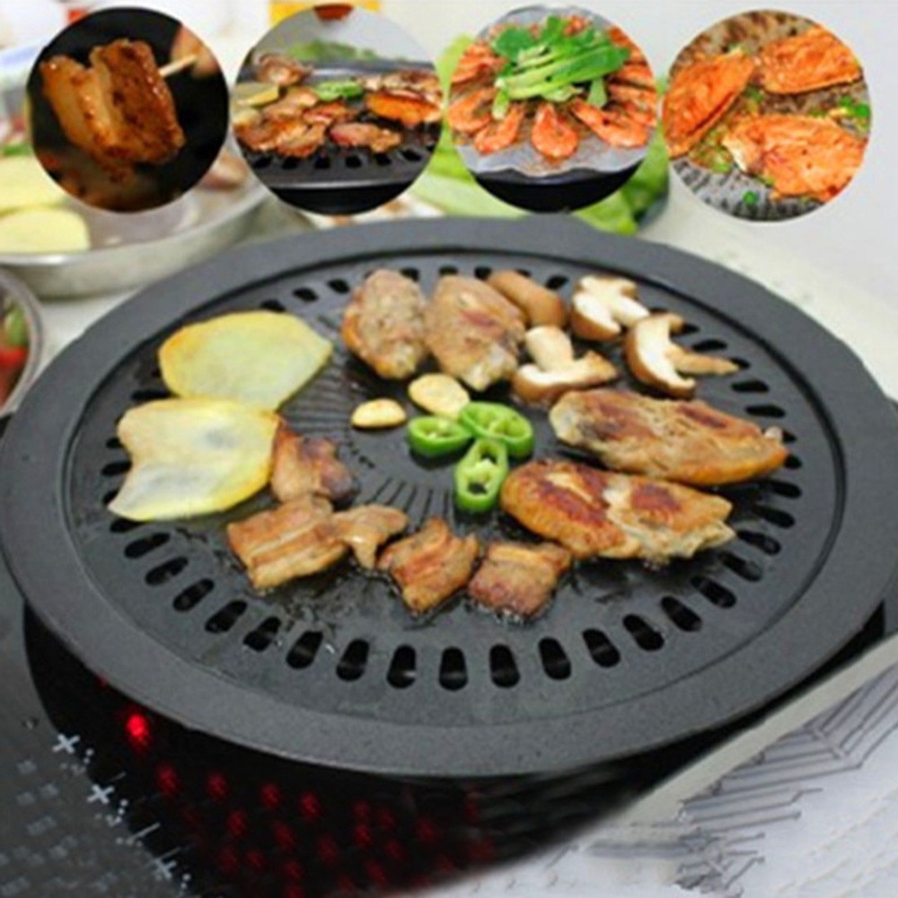 1pc Barbecue plate Round Iron Korean BBQ Grill Plate No burnt fat Outdoor picnic Barbecue Non-stick Pan Set with Holder Set