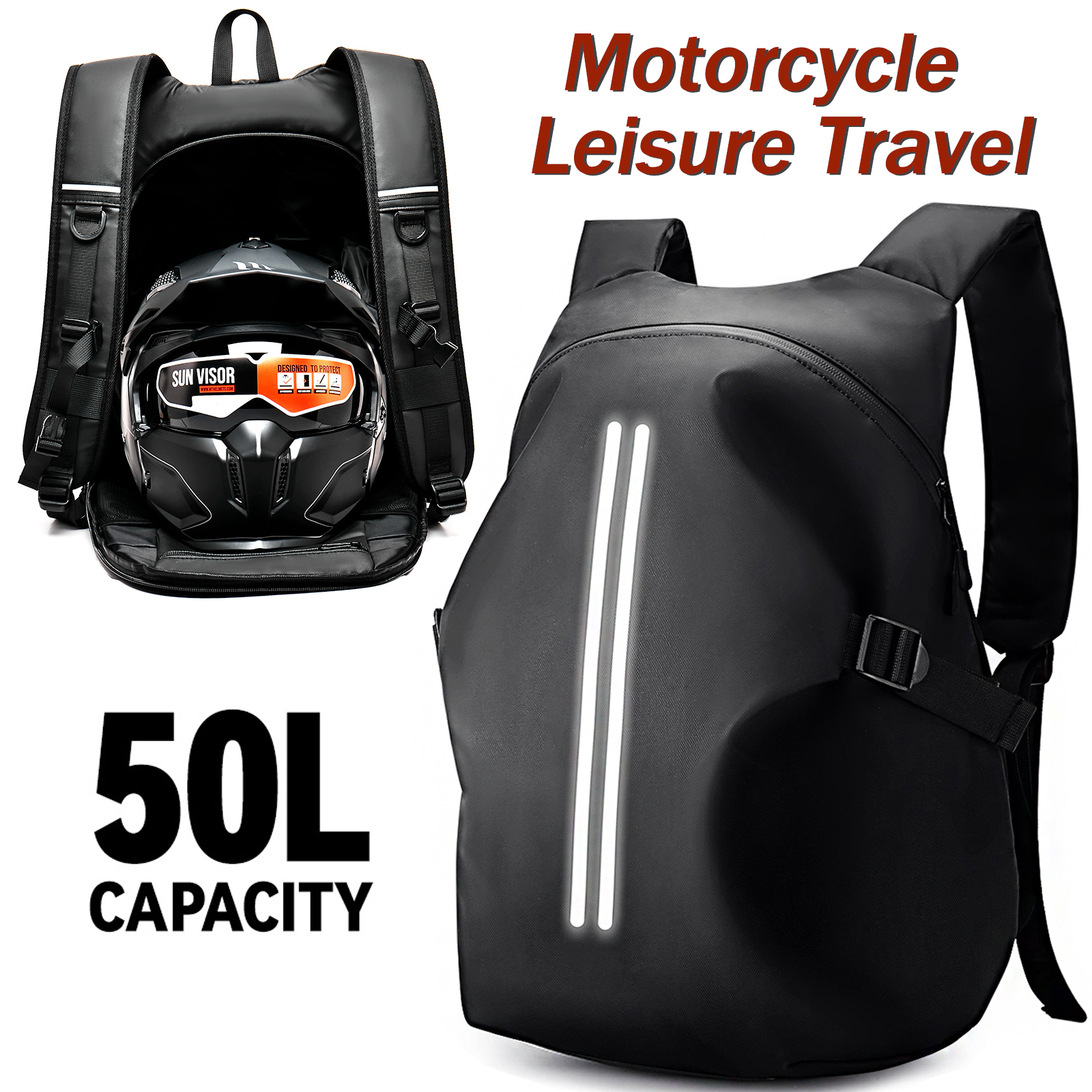 50L Motorradrucksack, großer multifunktionaler Rucksack für Motorradfahrer, wasserdichte Helmtasche, reflektierende Fahrrad-Reisetasche