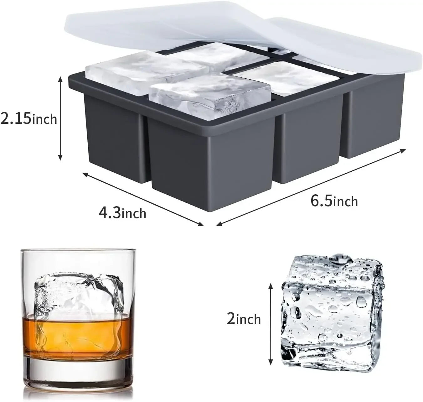 Large Ice Cube Tray for Whiskey Big Square Ice Cube Maker for Cocktail Silicone Old Fashioned Ice Cube Trays Huge Cubed Ice Tray