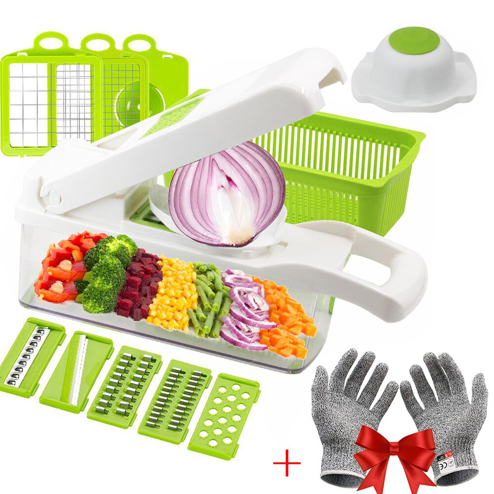 12 in 1 Multifunctional Mandoline Slicer Cutter Vegetable Choppers Adjustable Onion Potato Slicer Dicer Kitchen Vegetables Tools: White with Glove