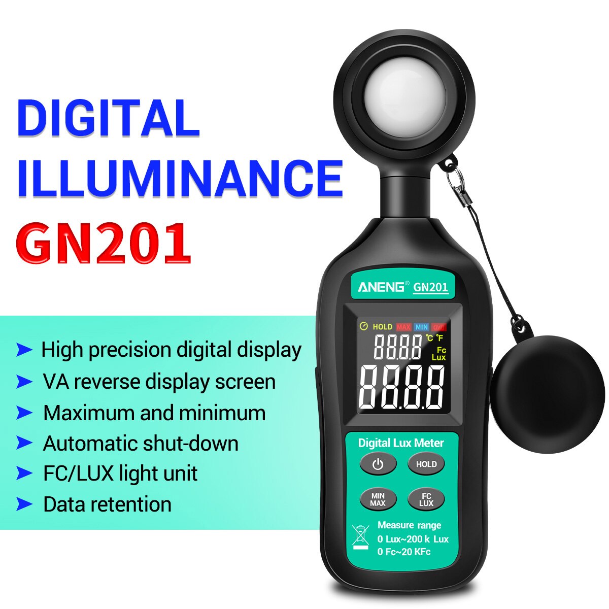 Digital Handheld Lux Meter 0-20,0000 Illuminance Meter LCD Display Illuminometer High Precise Light Meter Photometer Luxmeter
