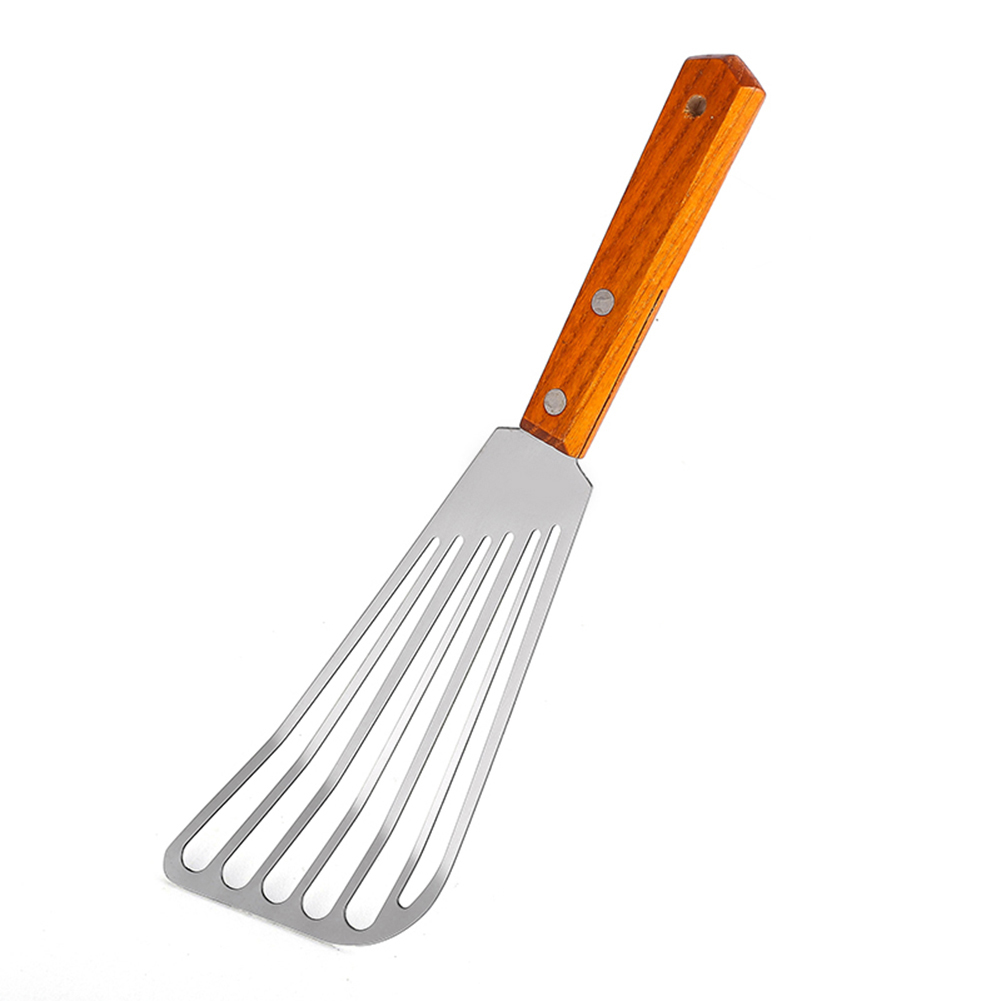 Halkfritt rostfritt stål stekspatel läckande spade fiskskiva köksredskap trä halkfri rostskydd perfekt för vardagligt bruk