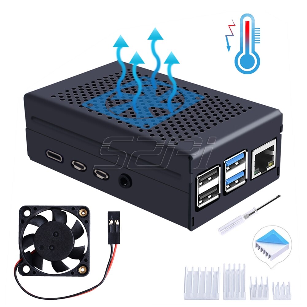 52pi capa de alumínio para raspberry pi 4b pi 4, cobertura de metal em preto/prata com ventilador de refrigeração modelo b: Black