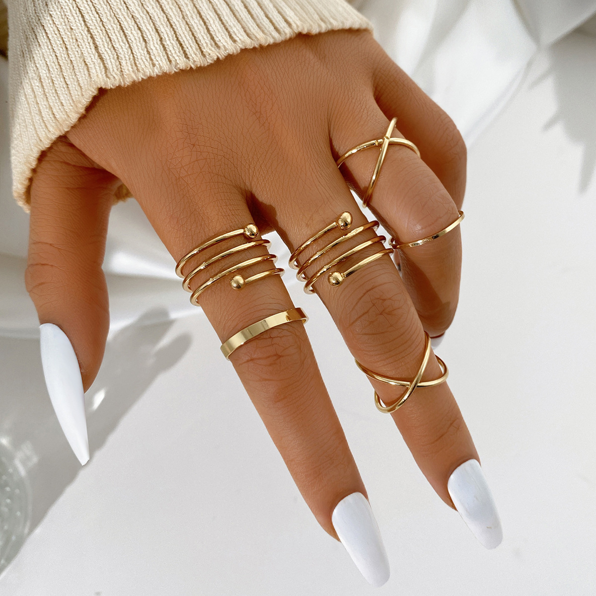 6 stks Gouden Zilveren Kleur Kruis Ringen Set Voor Vrouwen Eenvoudige Brede Ketting Vinger Staart Ringen Open Verstelbare Gezamenlijke Sieraden