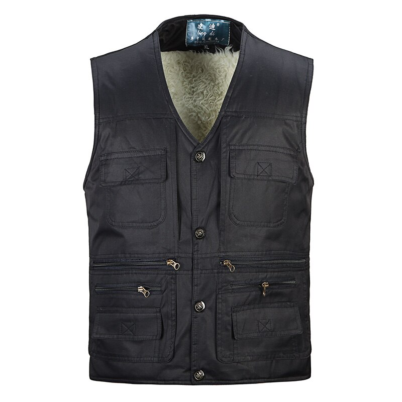 Winter Fleece Warm Vest Voor Mannen Herfst Mannelijke Casual Multi Pocket Fotograaf Mouwloze Jas Heren Vest Met Veel Zakken: Black Vest / Xl