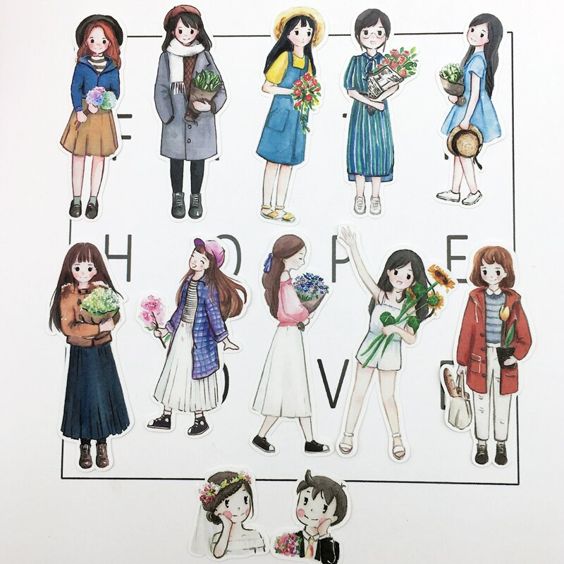 28pcs Hand Drawing Watercolor cute girls Planner journaling stickers scrapbooking DIY Dry Glue Sticker kawaii stationery