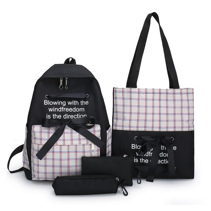 Canvas Female Book Bag Backpack 5pcs/set Schoolbag School Bag Travel Pack Tassel Women Teenage Teenagers Girl: Style 5 Black