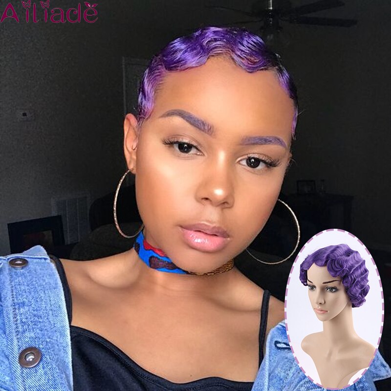 AILIADE cheveux noirs vague courte perruques pour femme court doigt vague perruques court coupe de lutin perruque courte perruques: Couleur naturelle