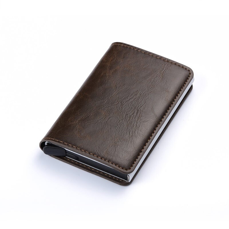 Zovyvol Business Credit Card Holder Men Women Metal RFID Vintage Aluminium Box Crazy Horse PU Leather Card Wallet Purses: Coffee X-12A