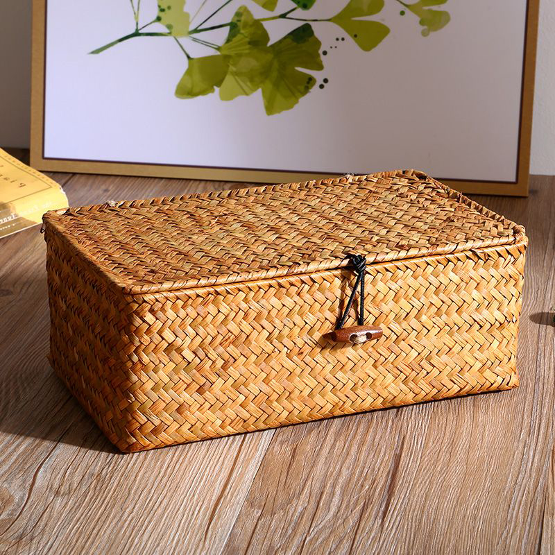Straw Weaving Storage Box Retro Organizer Furniture Boxes Portable Container Lid Storage Box Multipurpose Accessories Boxes