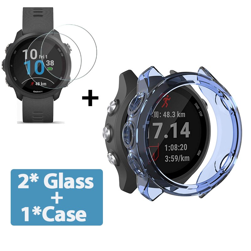 2-In-1 Protector Case + Screen Protector Voor Garmin Forerunner 245 245 Muziek Zacht Tpu Beschermhoes shell Gehard Glas Film: Blauw