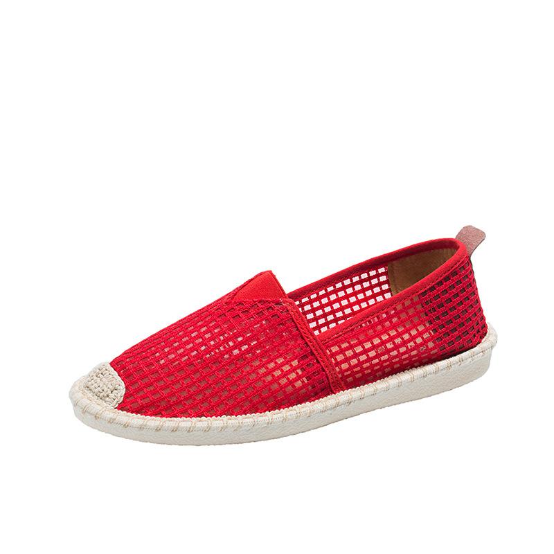 Summer Mesh Women Flat Shoes Slip On Loafers Linen Breathable Stripe Ballerina Shoes Casual White Espadrilles Zapatillas Mujer: Red / 35