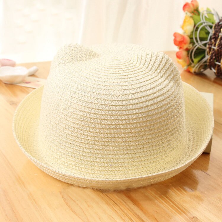 Chapeau de paille mignon avec des oreilles d'été en plein air enfants disquette Panama chapeau enfants filles garçons nuances plage chapeau de soleil: white