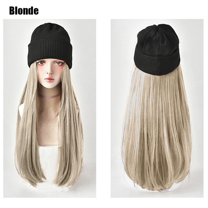 Beanies Hat With Hair Wigs For Women 24 inch Long Straight Hair Synthetic Wig Warm Soft Ski Knitted Autumn Winter Cap: Blue