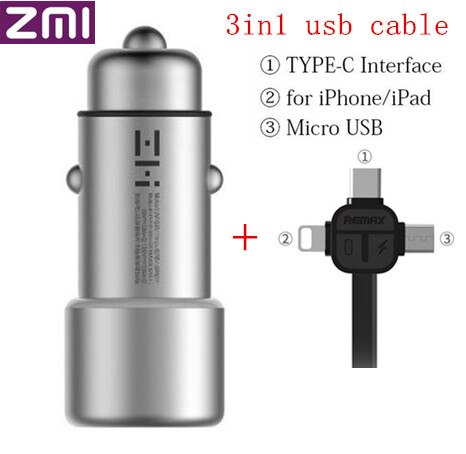 Original Xiaomi ZMI Car Charger Dual USB QC3.0 Quick Charge 5V/2.4A 9V/2A 12V/1.5A Metal for iPhone Samsung iPad: add 3in1 usb cable