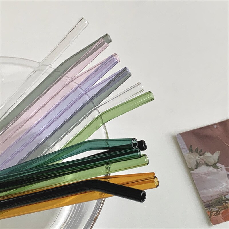8Pcs Colorful Reusable Bent &amp; Straight Glass Straws 8mm Glass Drinking Straw for Smoothies Beverages Shakes with Cleaning Brush