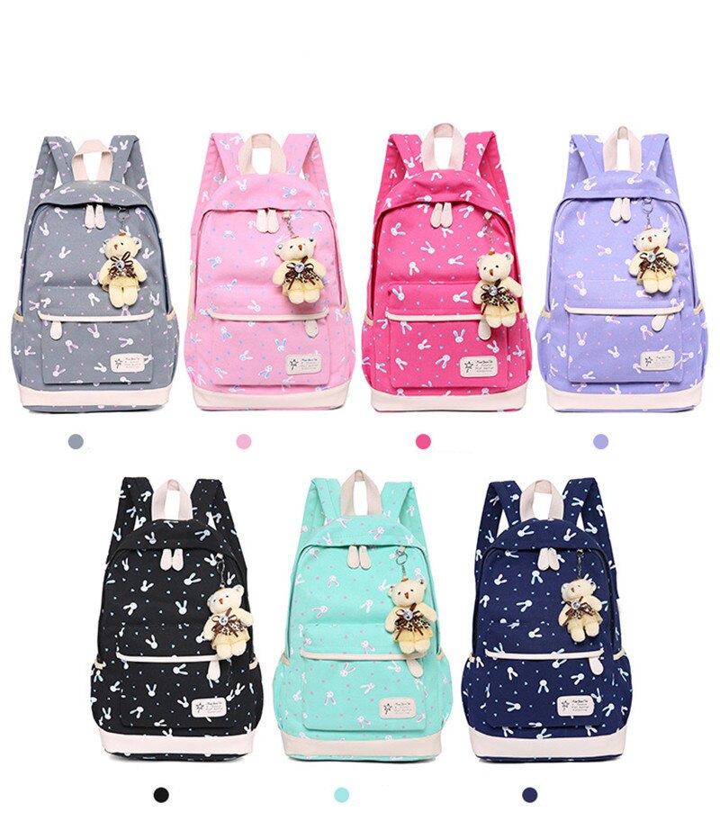 3Pcs/set Women Backpack School Bags Rabbit print Laptop Backpacks With Bear for Teenagers Girls Travel Bag Rucksacks Mochila