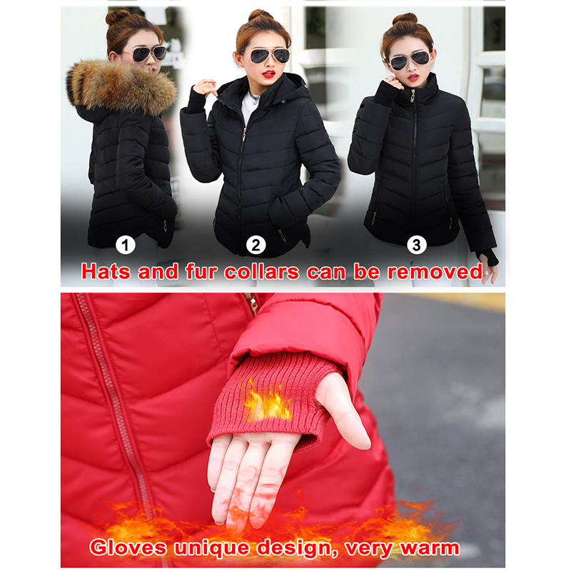 Vinterkappa dam vinterjacka damparkas handskar varma avtagbar pälskrage avtagbar hatt slim fit ytterkläder