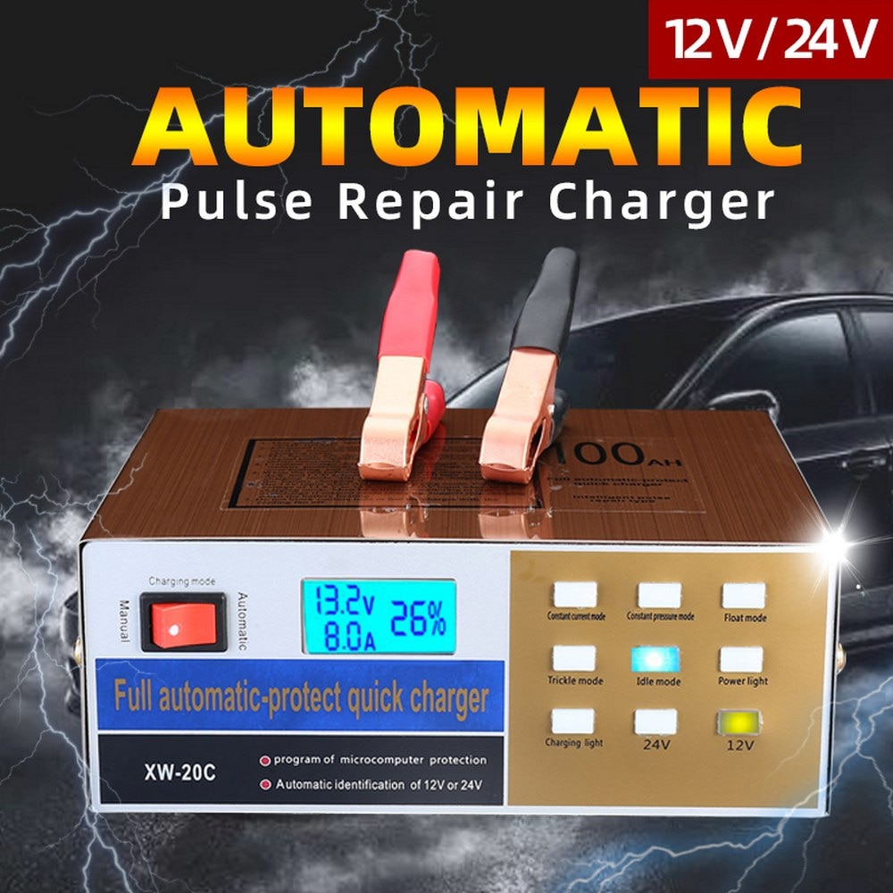 Car Battery Charger Intelligent Pulse Repair 12v 24v Full Automatic Intelligent 100AH Lead Acid Battery Car Battery With Adapter